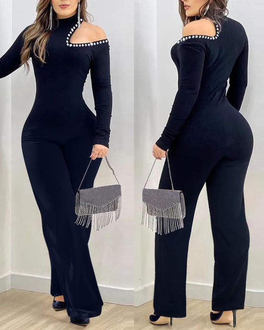 Women's Cold Shoulder Rhinestone Long Sleeve Jumpsuit Mock Neck Flare Leg Overalls