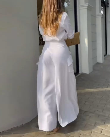 Ruched Long Sleeve Shirt & Wide Leg Asymmetrical Pants Set