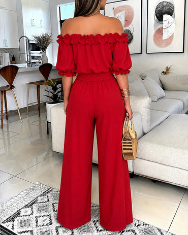Women's Ruffle Off Shoulder Short Sleeve High Waist Split Wide Leg Jumpsuit with Belt