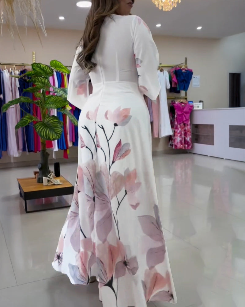 Floral Placement Print Deep V Neck Bell Sleeve Vacation Dress Casual Zipper Back Cinched Waist Maxi Dress With Lining