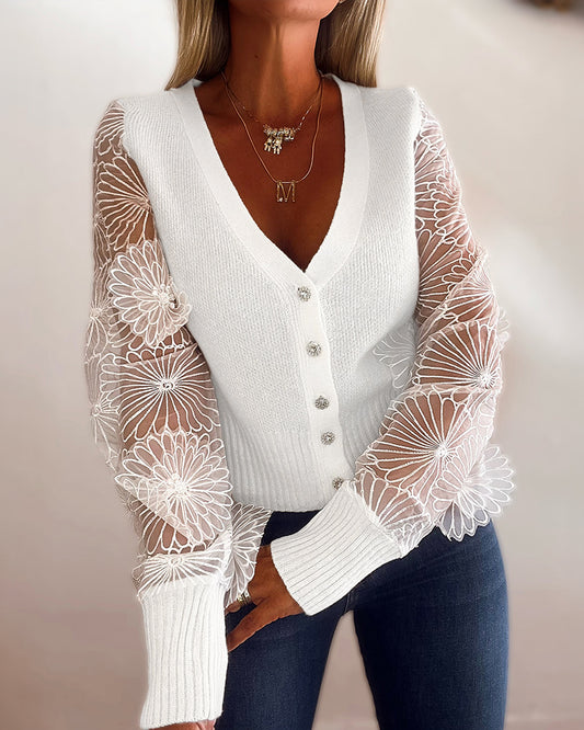 Women's Mesh Long Sleeve Cardigan Embroidered V Neck Knit Sweater Rhinestone Button Ribbed Slim Fit Casual Coat