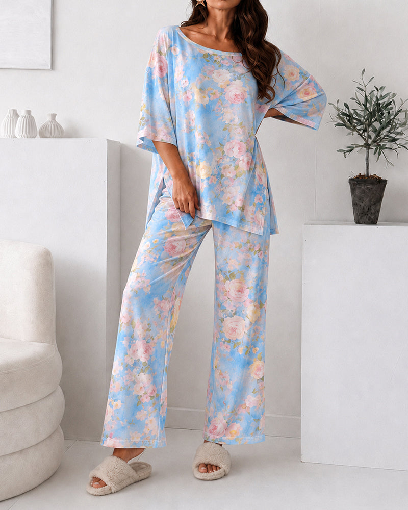 Women's 2 Piece Floral Print Pajama Set Half Sleeve Side Slit Top and Straight Leg Pants Casual Loungewear