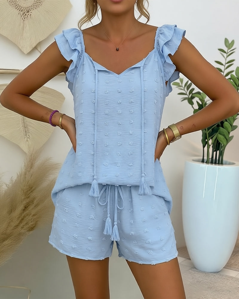 2 Pieces Outfit Tie Neck Flutter Sleeve Hollow-out Front Stretchy Back Top and Drawstring Elastic Waist Shorts Set Casual 3D Decor Textured Vacation Set