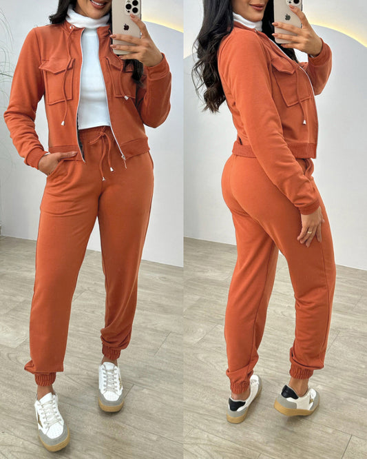Stand Collar Long Sleeve Pocket Dec Zipper Top and Casual Elastic Waist Drawstring Pants Sets