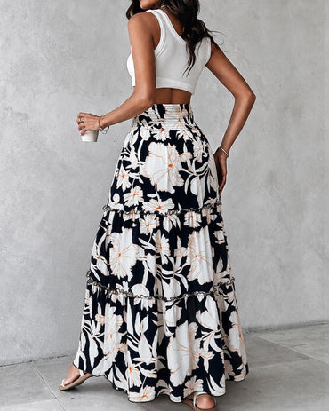 Women's Vintage Floral Shirred High Waisted Maxi Skirt Ruffle A Line Flowy Vacation Skirt with Pockets