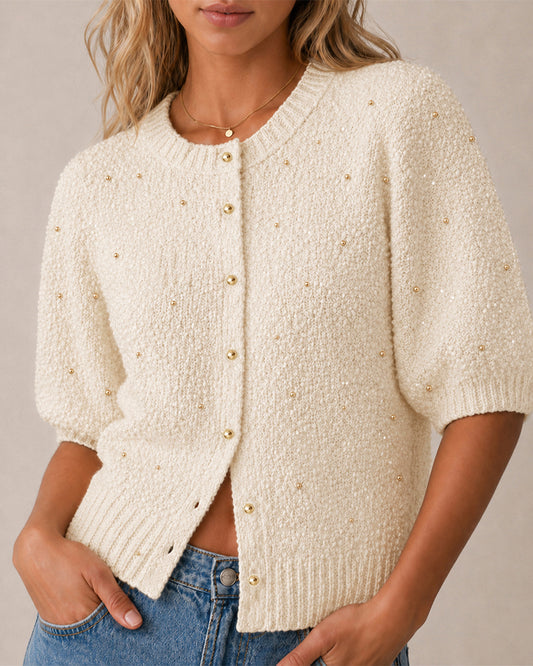 Cárdigan de punto bouclé para mujer con cuentas doradas, mangas abullonadas, cuello redondo, botones y corte corto, prenda exterior elegante
