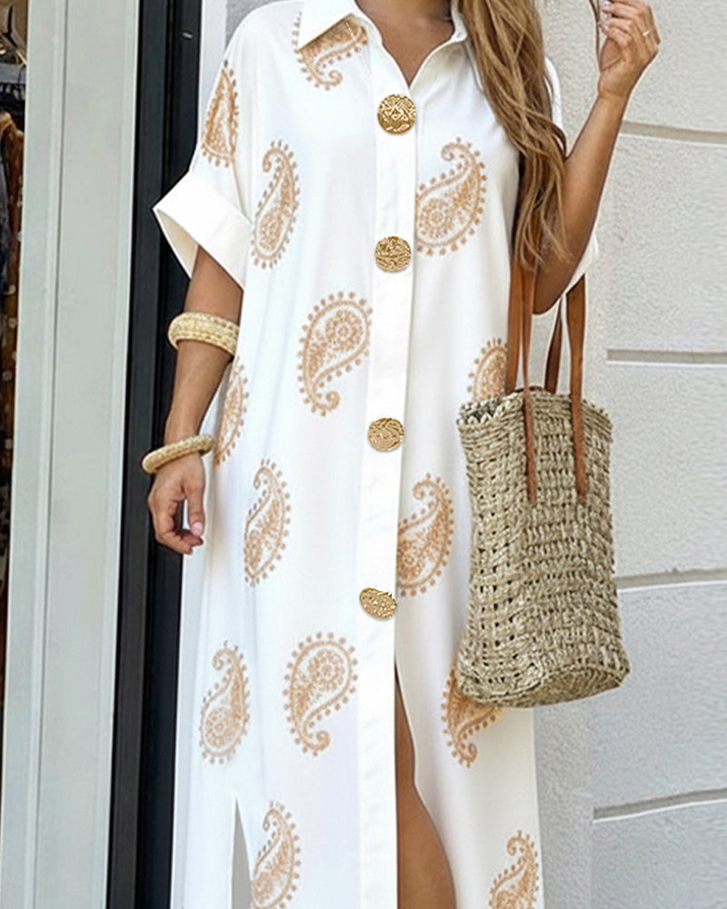 Paisley Print Short Sleeve Turn-down Collar Shirt Dress Casual Button Details Loose Fit Midi Dress