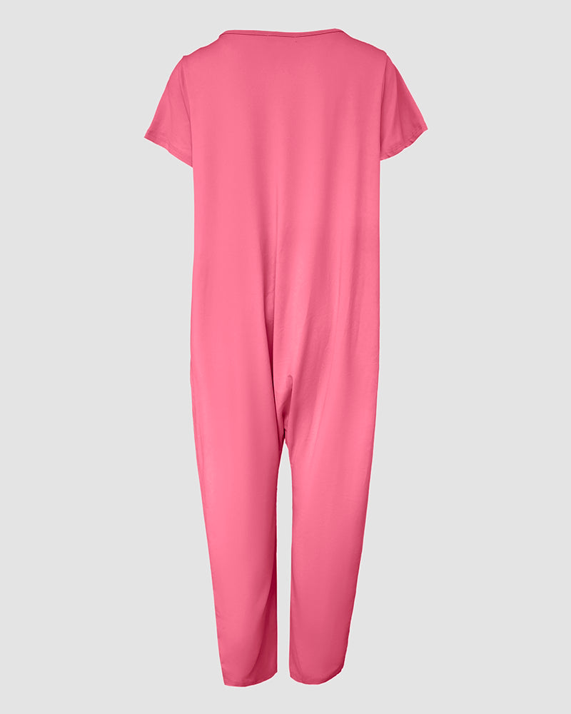 V-Neck High Stretch Tapered Drop-Crotch Casual Jumpsuit With Pockets