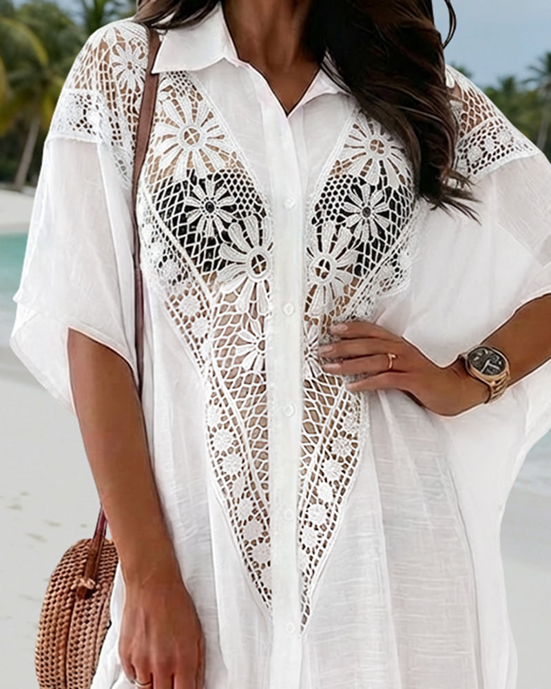 Turn-down Collar Batwing Sleeve Button Front Guipure Lace Spliced Coat Casual Side Slit Semi Sheer Lightweight Breathable Cover Up