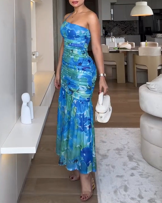 Colorblock Floral Print Adjustable Spaghetti Strap Ruched Maxi Dress Casual Zipper Back Slim Fit Fishtail Dress