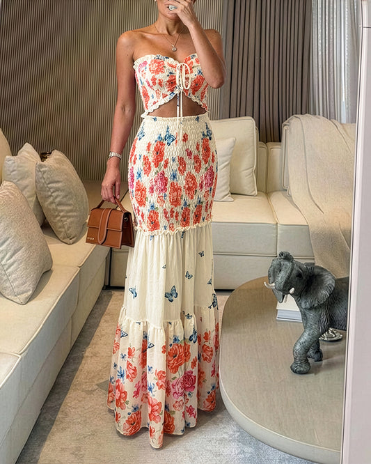 Floral & Butterfly Print Frill Trim Bandeau Tied Detail Ruched Mermaid Hem Dress Elegant Cutout Front Shirred Ruffle Hem Vacation Dress