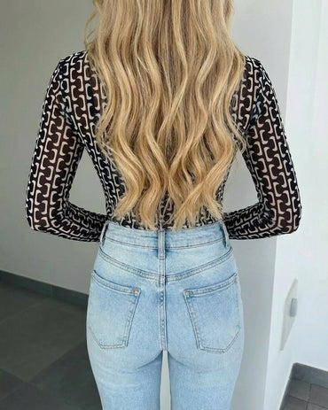 Vintage Colorblock Chain Print O-neck Long Sleeve Tee Slim Fit Sheer Mesh Layering Top with Thumb Hole Cuffs