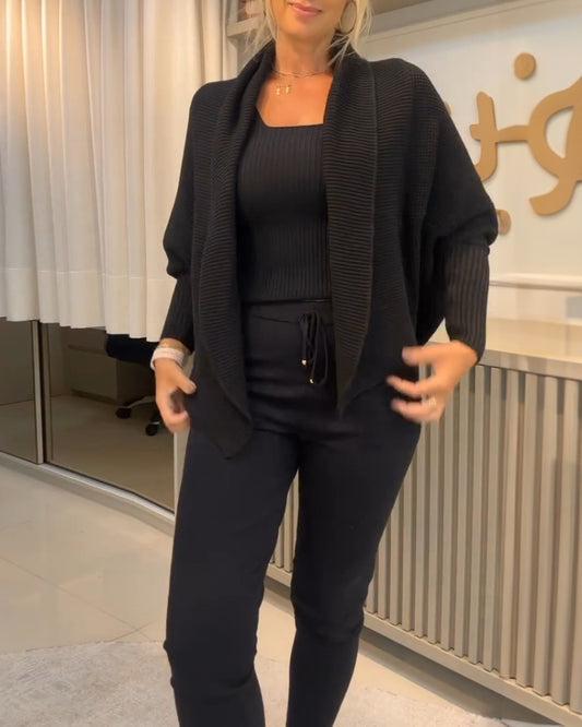 3PCS Batwing Sleeve Cardigan With Asymmetrical Neck Tank Top & Stretchy Waist Pants Set