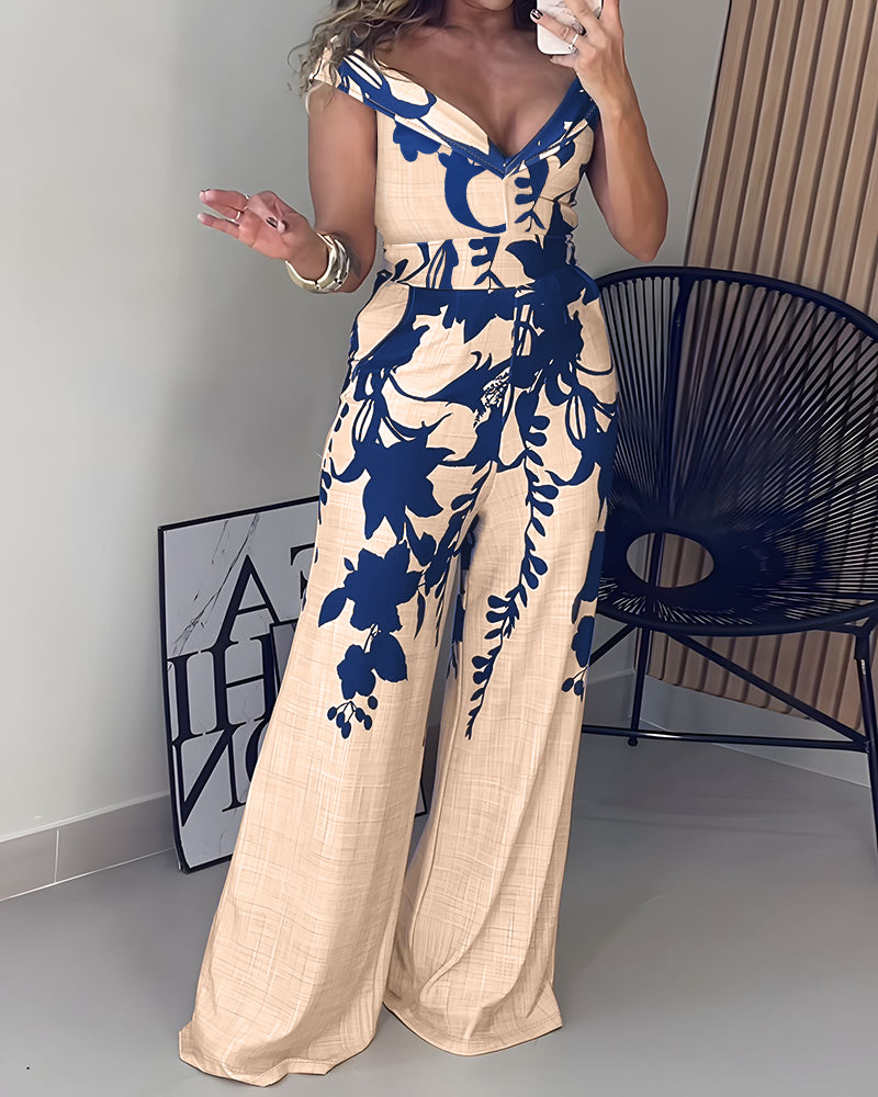 Floral Print Off Shoulder Sleeveless Deep V-Neck Jumpsuit Casual Zipper Side Wide Leg Jumpsuit