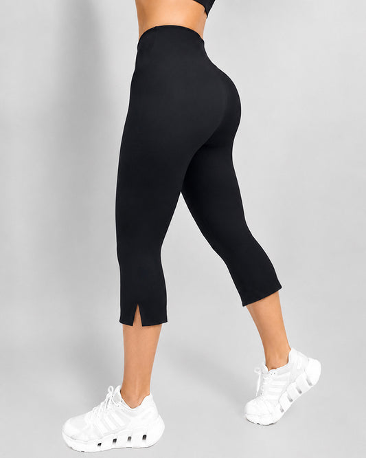 Women's High Waisted Capri Leggings Side Slit Stretchy Slim Fit Workout Pants