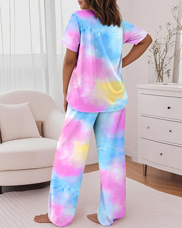 2 Pieces Outfit Tie Dye Print Short Sleeve Top and Elastic Waist Loose Fit Pants Set Casual Pajamas Set