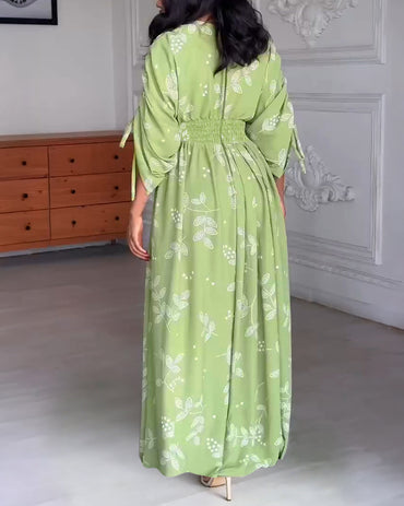 Plants Print Overlap V-Neck Drawstring Sleeve Shirred Waist Maxi Dress Casual Cinched Waist Zipper Back Vacation Dress