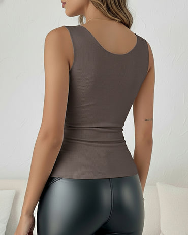 Sheer Mesh Spliced V Neck Sleeveless Built In Bra Tank Casual Warm Fleece Lined Slim Fit Top