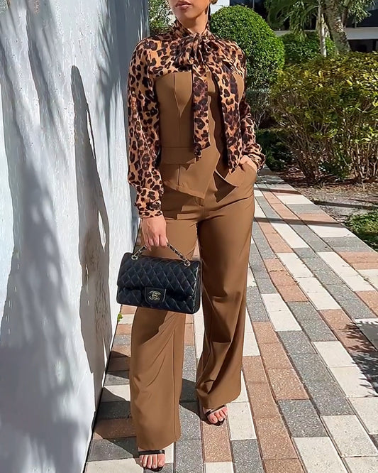 2 Pieces Outfit Leopard Print Spliced Tie Neck Long Sleeve Double Breasted Front Flap Detail Top and Zipper Fly Wide Leg Pants Set Casual Commuting Set