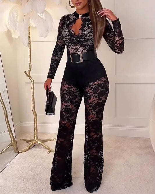 Women's 2 Piece Lace Outfits Keyhole Neck Long Sleeve Bodysuit and High Waisted Flare Pants Set Sexy Party Set without Belt