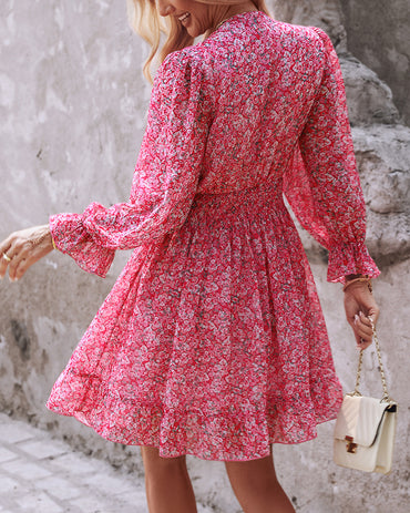 Pink Ditsy Floral Print Lantern Sleeve Ruffles Shirred Dress