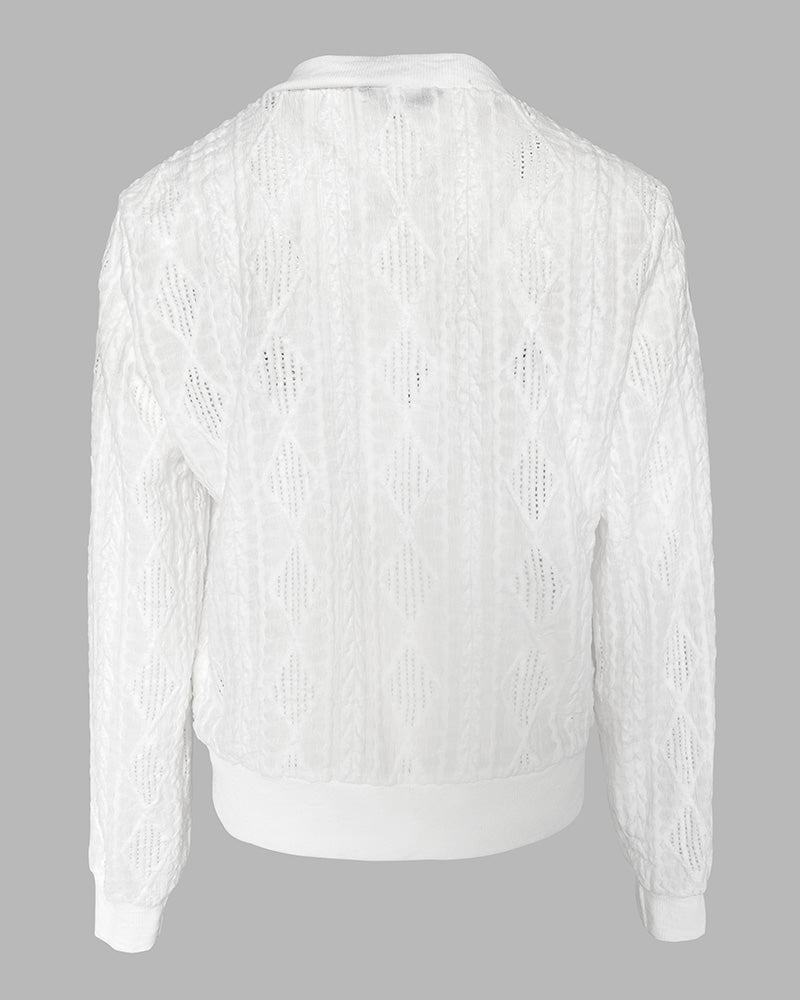 Jacquard & Diamond Pattern Design Hollow-out Lightweight Baseball Coat Casual Zip Up Bomber Jacket