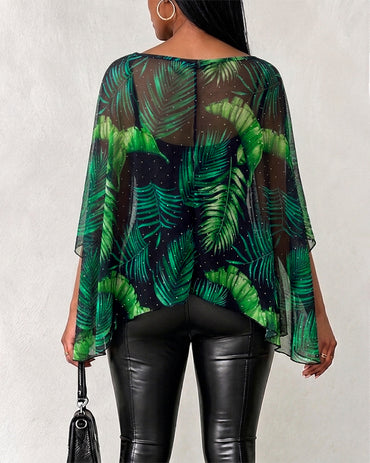 Ensemble 2 pièces pour femmes, Cape à manches fendues en maille strass, imprimé feuilles tropicales, avec haut caraco