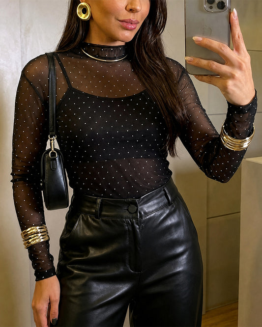 Women's Rhinestone Sheer Mesh Top with Cami Liner Mock Neck Long Sleeve Sparkly See-Through Clubwear Blouse Set