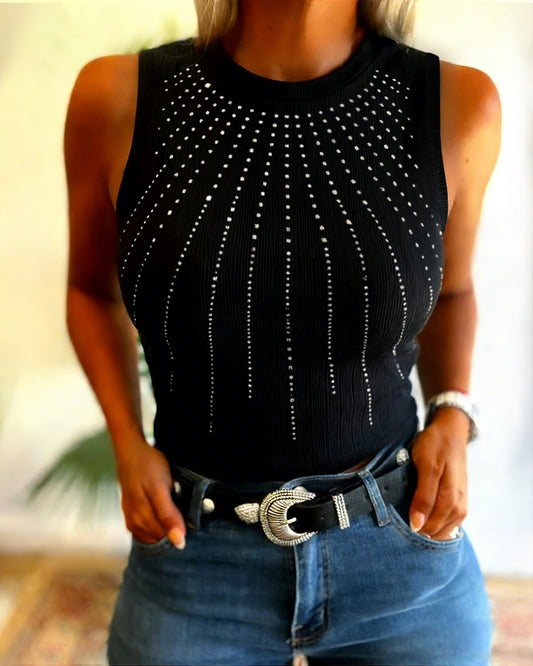 Rhinestone Decor O-neck Sleeveless Tank Slim Fit Ribbed Tank Top