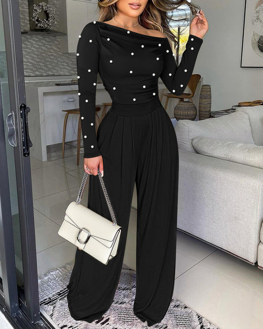 Pearls Decor Skew Neck Long Sleeve Cinched Waist Overalls Casual Ruched Zipper Back Wide Leg Jumpsuit