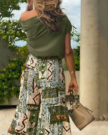 2 Piece Outfit Drawstring Cold Shoulder Top and Floral Print Wide Leg Pants Set
