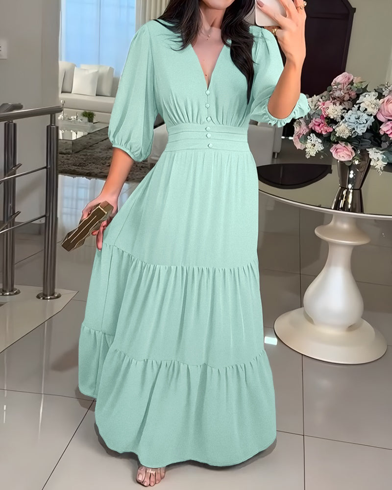 Women's V Neck Three Quarters Sleeve Maxi Dress Shirred Back Ruffle Hem Dress Elegant Flowy Chiffon Dress 2 Women's V Neck Three Quarters Sleeve Maxi Dress Shirred Back Ruffle Hem Dress Elegant Flowy Chiffon Dress - Image 2