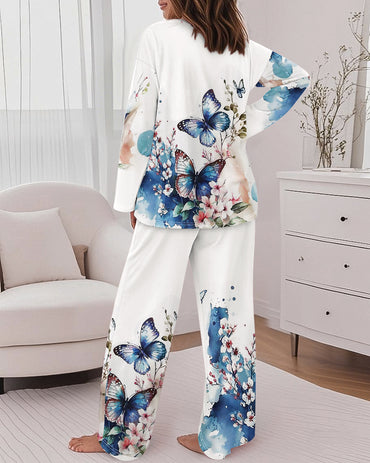 Floral Butterfly Print Round Neck Long Sleeve Top and Causal Pants Set with Pocket