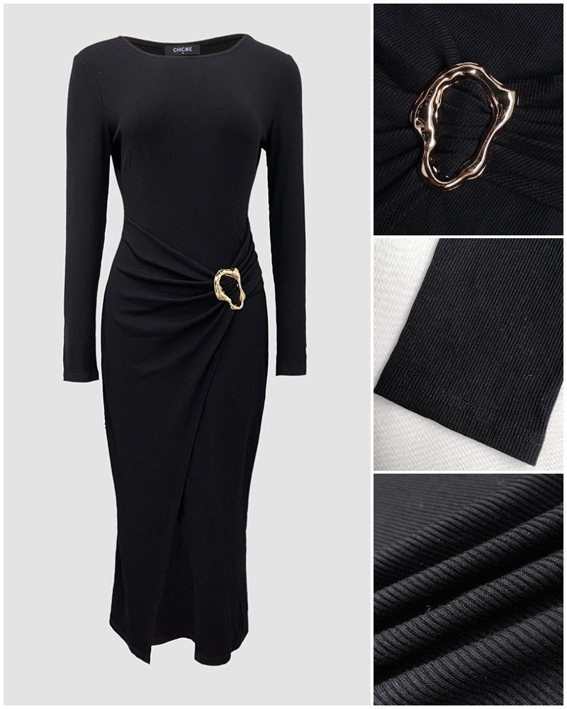 Metal Ring Decor Wrapped Slit Ribbed Commuting Dress Cinched Waist Slim Fit Mid-Length Dress