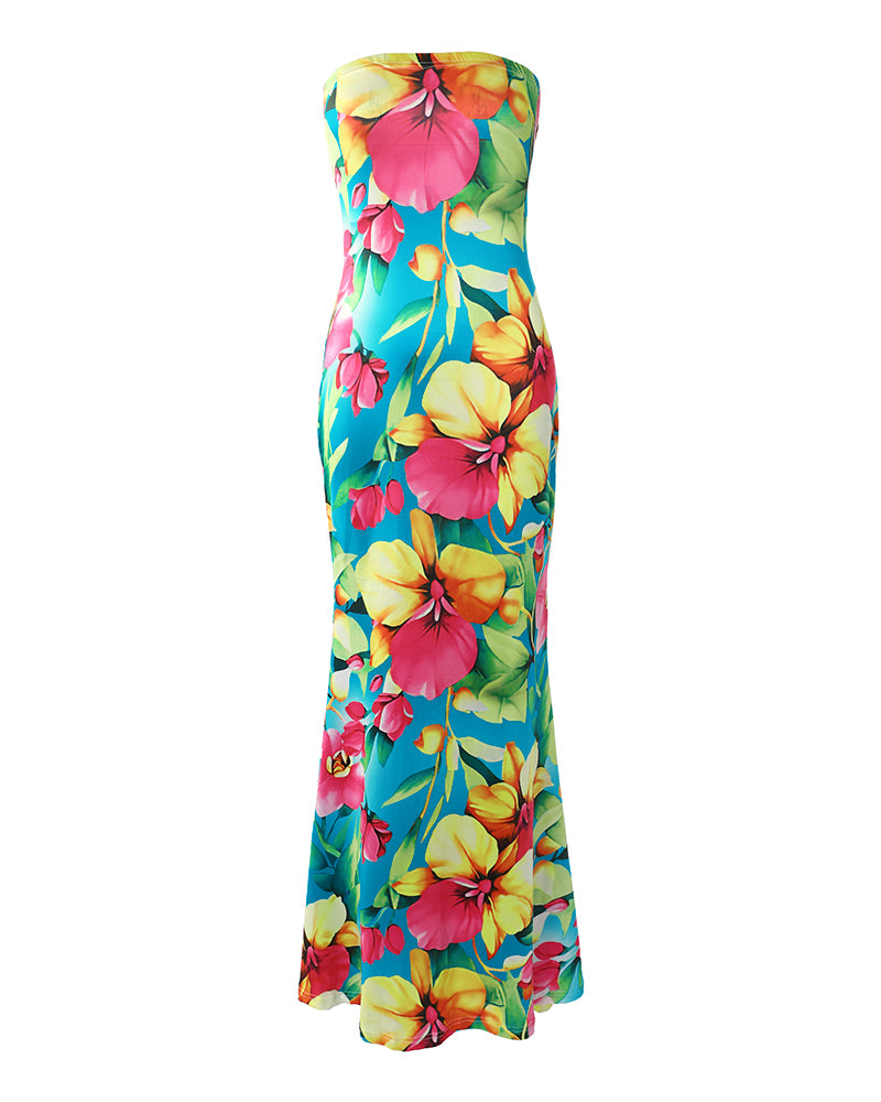 Floral Plants Print Bandeau Mermaid Dress