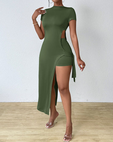 Tied Detail Slit Asymmetrical Top & Shorts Set