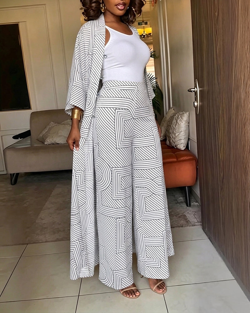 Women's Geometric Print 2 Piece Outfits Batwing Sleeve Loose Longline Cardigan and High Waisted Wide Leg Pants Set
