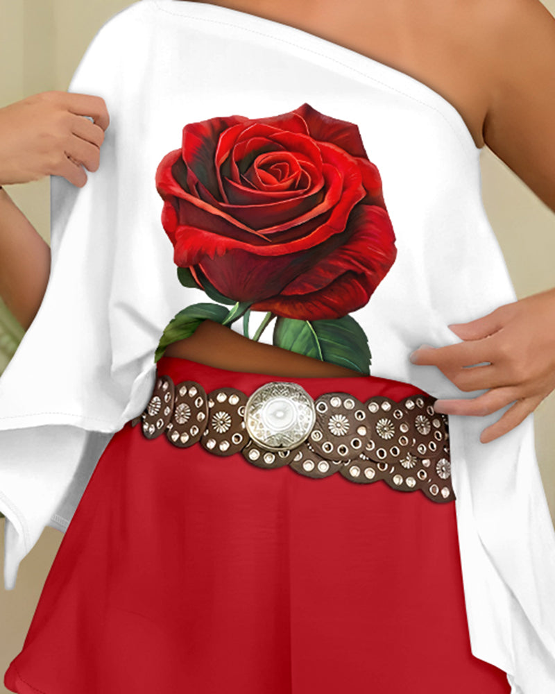 3 Pieces Outfit Floral Print Off Shoulder Split Sleeve Convertible Shoulder Top and Zipper Back Skorts Set with Bandeau