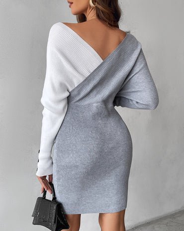 Chain & Button Decor Colorblock V Neck Long Sleeve Knit Sweater Dress Slim Fit Midi Dress
