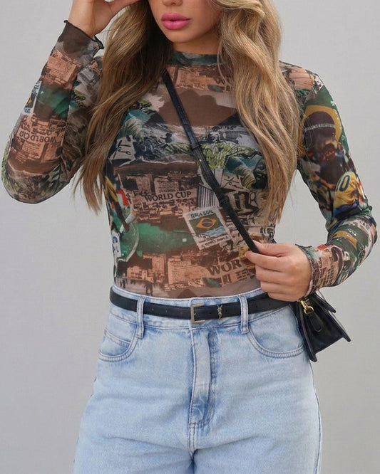 Women's Y2K Vintage Print Sheer Mesh Top Slim Fit Mock Neck Sexy Tee Shirt Lettuce Trim Long Sleeve Blouse