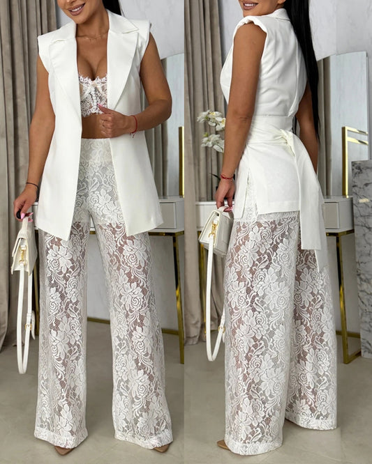 Women's 2 Piece Outfit Sleeveless Lapel Suit Vest and Sheer Floral Lace High Waisted Straight Leg Pants Set with Belt