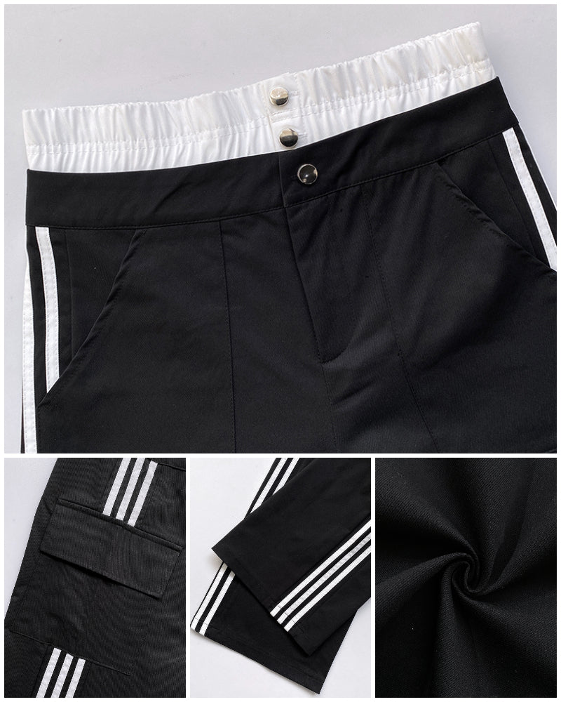 Contrast Side Striped Zipper Fly Stretchy High Waist Pants Flap Pockets Design Double Waistband Cargo Pants