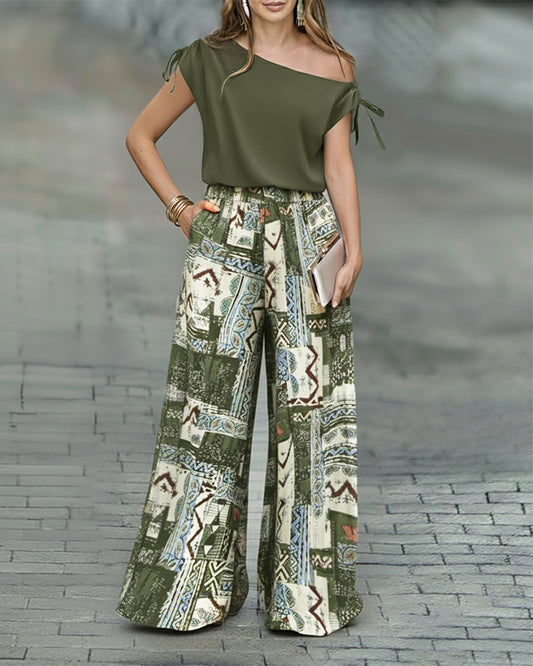 2 Piece Outfit Drawstring Cold Shoulder Top and Floral Print Wide Leg Pants Set