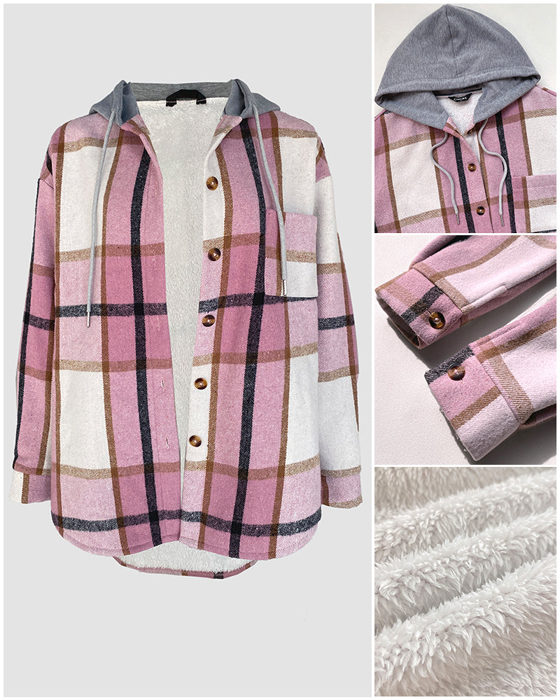 Plaid Print Long Sleeve Button Front Drawstring Hoodie Coat Casual Pocket Design Thermal Lined Shirt Coat