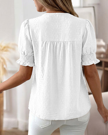 Puff Sleeve Hollow-out Lace Spliced 3D Jacquard Blouse Casual Shirred Cuffs Loose Fit Top