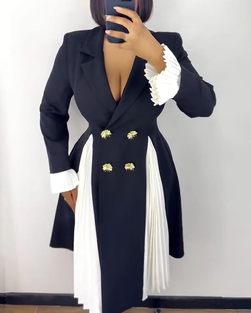 Colorblock Pleated Spliced Notched Collar Pleated Flared Cuff Double Breasted Blazer Dress Elegant Cinched Waist Flared Hem Commuting Dress