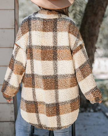 Women's Plaid Fleece Shacket Lapel Button Down Mid Length Oversized Jacket
