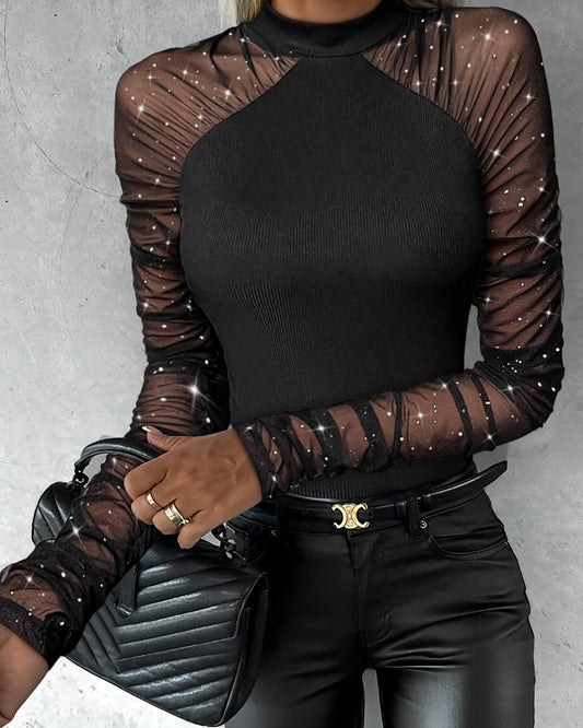 Women's Glitter Sheer Mesh Ruched Long Sleeve Mock Neck Ribbed Bodysuit