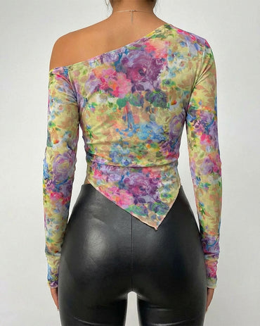 Tie Dye Floral Print Skew Neck Long Sleeve Asymmetrical Hem Tee Slim Fit Side Ruched Sheer Mesh Top with Thumb Hole Cuffs & Lining