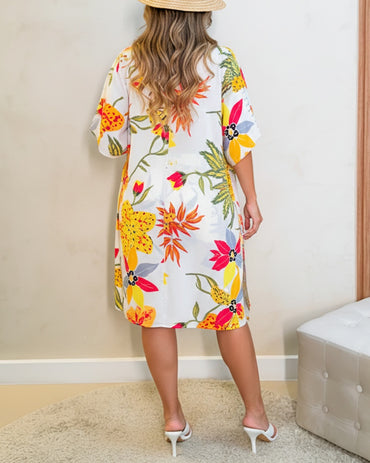 2 Pieces Outfit Open Front Half Sleeve Tie Waist Mid-length Cardigan and Drawstring Elastic Waist Shorts Set Casual Tropical Floral Print Vacation Set